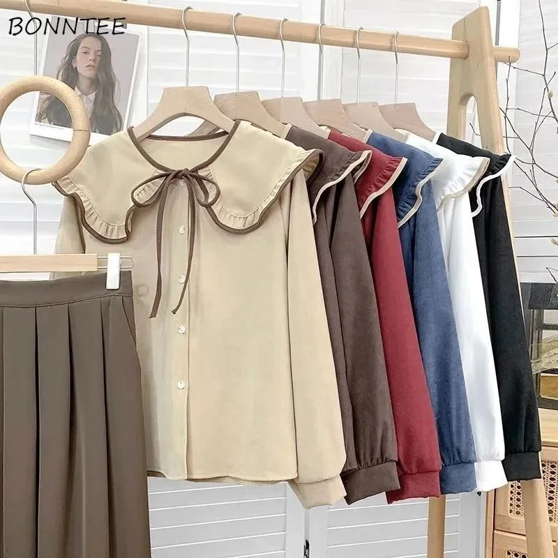 

Corduroy Shirts Women 4 Colors Elegant Peter Pan Collar Sweet Cute Preppy Japanese Style Students Autumn Tops Camisas Ropa Mujer