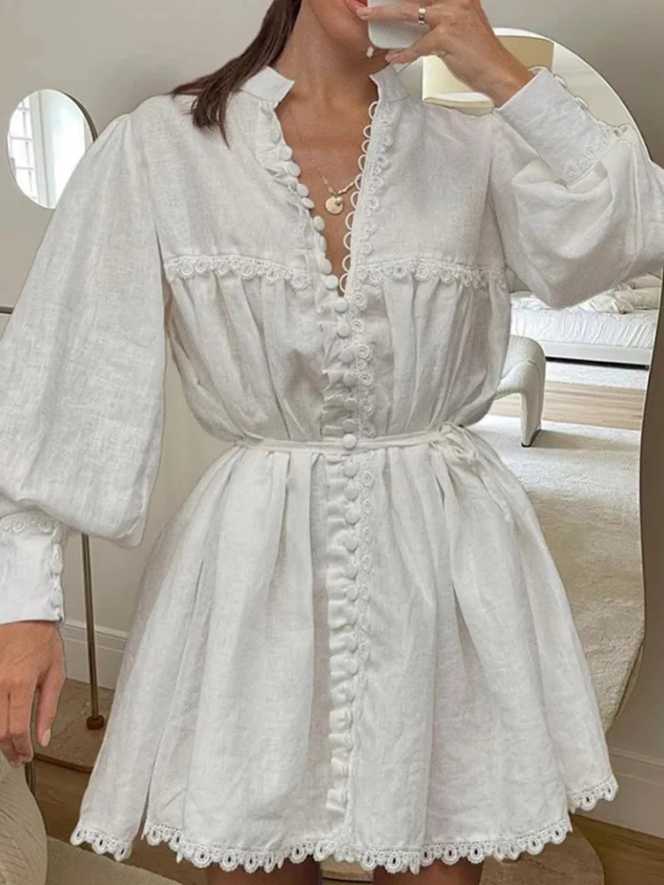 

Women Lace Trim Mini Dress 2022 Summer new Single Breasted Long Puff Sleeve Stand Collar Temperament Elegant Lady Lace-up Robe