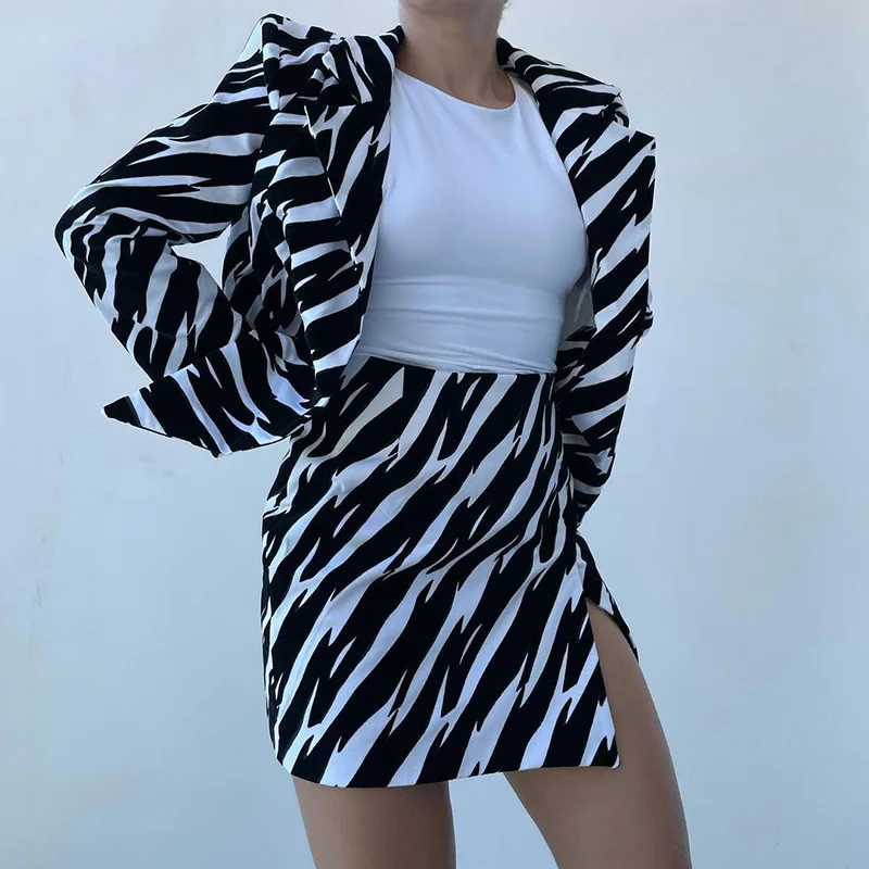 

Ardm Elegant Notch Zebra Print High Waist Skirt Sets Long Sleeve Split Black Office Ladies Two Piece Sets Womens Outifit