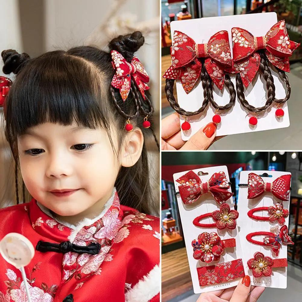 Новогодние заколки Hanfu в китайском стиле, детские заколки для волос с красными цветами, Длинные заколки для волос с кисточками для девочек, головной убор Hea F2B5