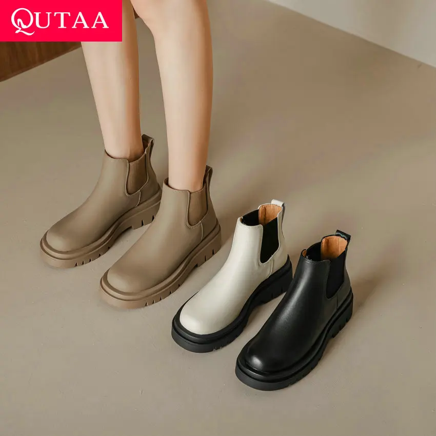 

QUTAA 2023 Winter Women Ankle Boots Working Casual Platforms Round Toe Med Heel Shoes Woman Chelsea Size 34-40