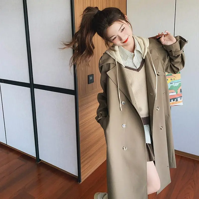 

SuperAen Women's New Korean Commuter Loose Simple Casual Hooded Suit Collar Long Windbreaker Women Coat