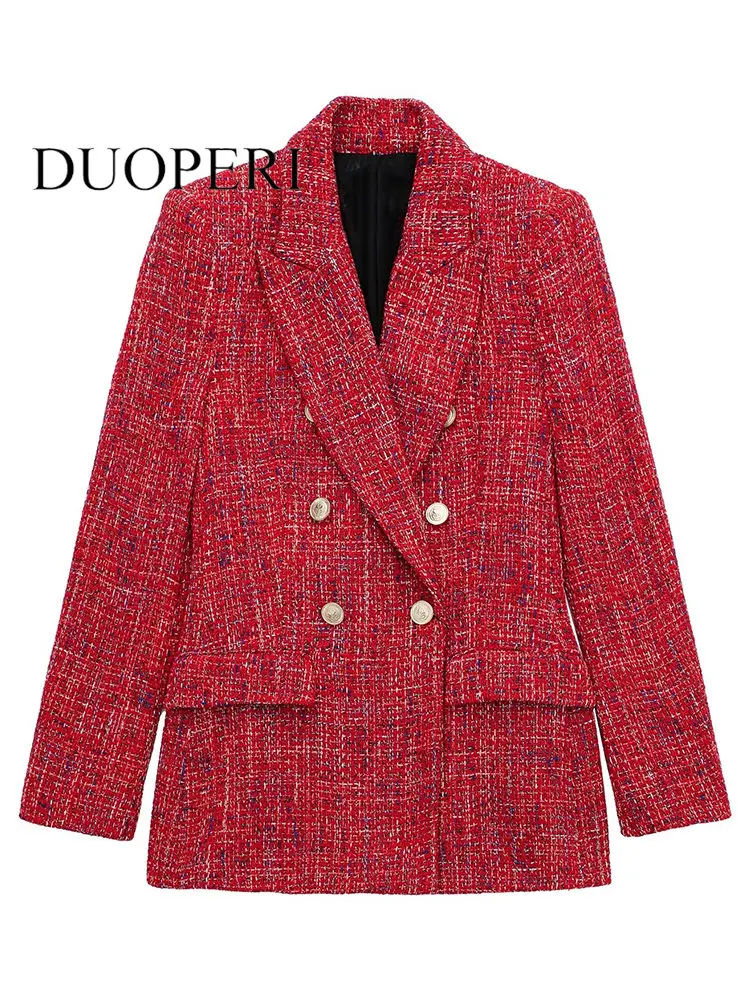 

DUOPREI Women Fashion With Pockets Texture Double Breasted Blazer Vintage Long Sleeves Notched Neck Female Chic Lady Outfits