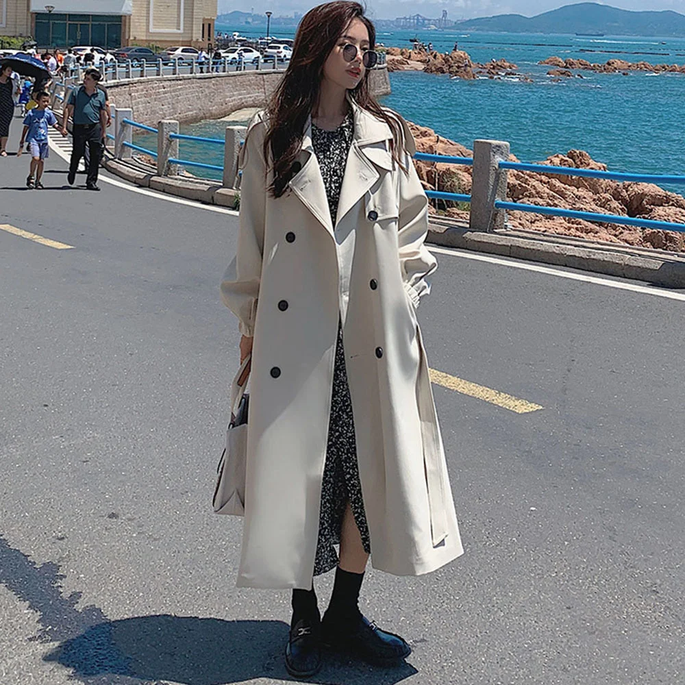 

Pink Woman Trench Coat Solid With Sashes Windbreak Long Sleeve Lapel Sweet Casual Style 2023 Korean New Autumn