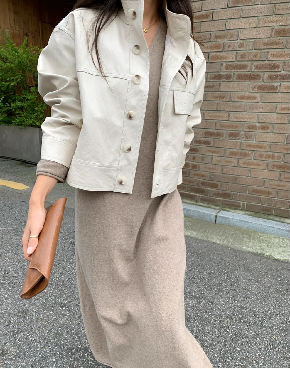 Korean Chic Autumn Simple Stand Collar Single Breasted Loose Long Sleeve Casual Cardigan Leather Coat Motorcycle Beige White