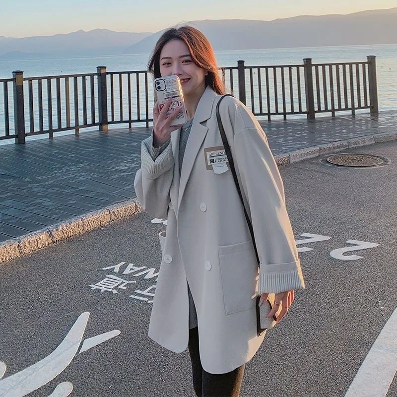 

Lucyever корейский модный костюм с двумя пуговицами пальто для женщин повседневный свободный блейзер с длинным рукавом с лацканами Женская Осенняя универсальная трендовая куртка