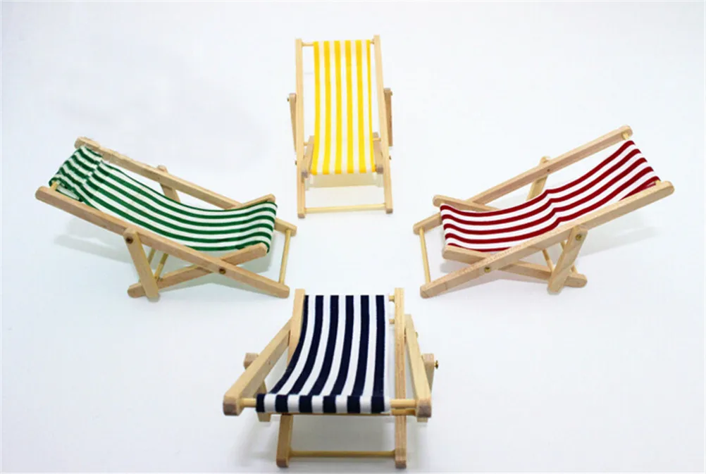 1:12 Scale Foldable Wooden Deckchair Lounge Beach Chair For Lovely Miniature Dolls House Decor Color In Green Pink Blue images - 6