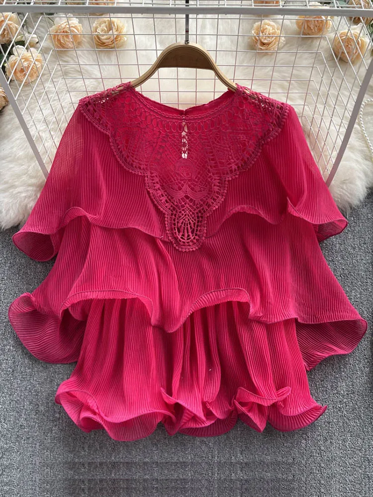 

Summer European Foreign Style Round Neck Lotus Leaf Stitching Lace Design Sense Loose Pleated Chiffon Blouse Women D1364