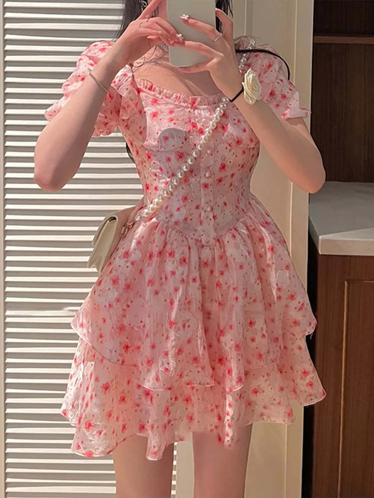 

Print Dress For Women Square Collar Puff Short Sleeve High Waist Floral Female 2022 Summer Clothing Dresses Fashion New M045