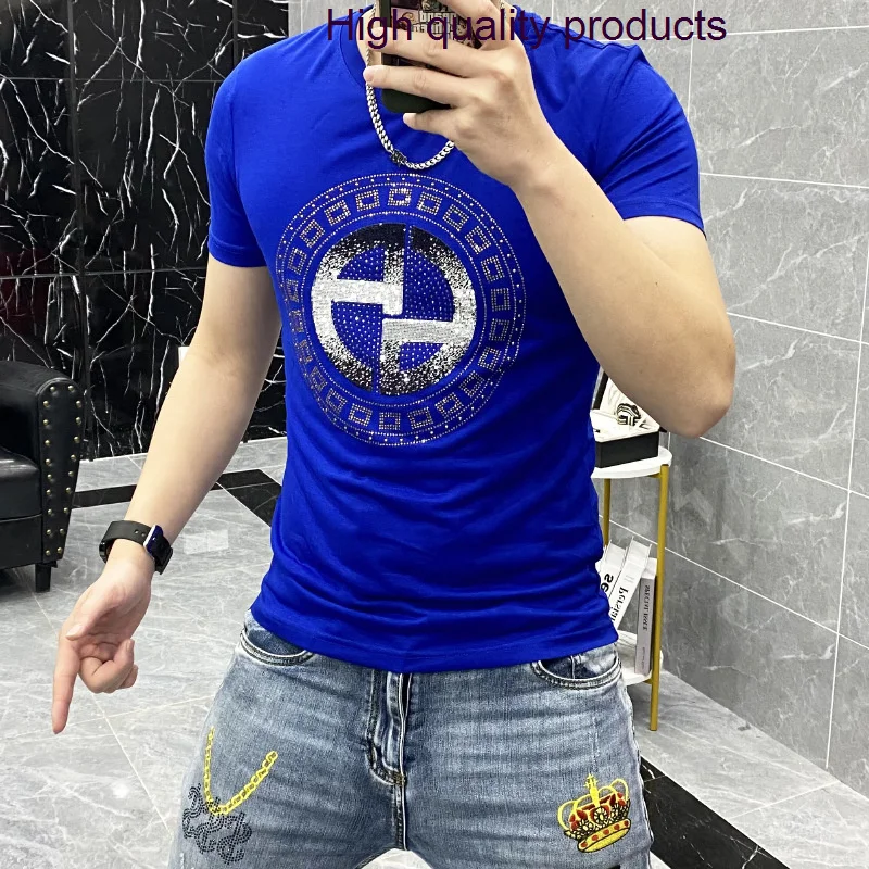 

Rhinestones 2024 T Shirts Men Summer Clothes Abstract Pattern Fashion Streetwear O Neck Short Sleeve Slim Mens Tee Shirt Homme