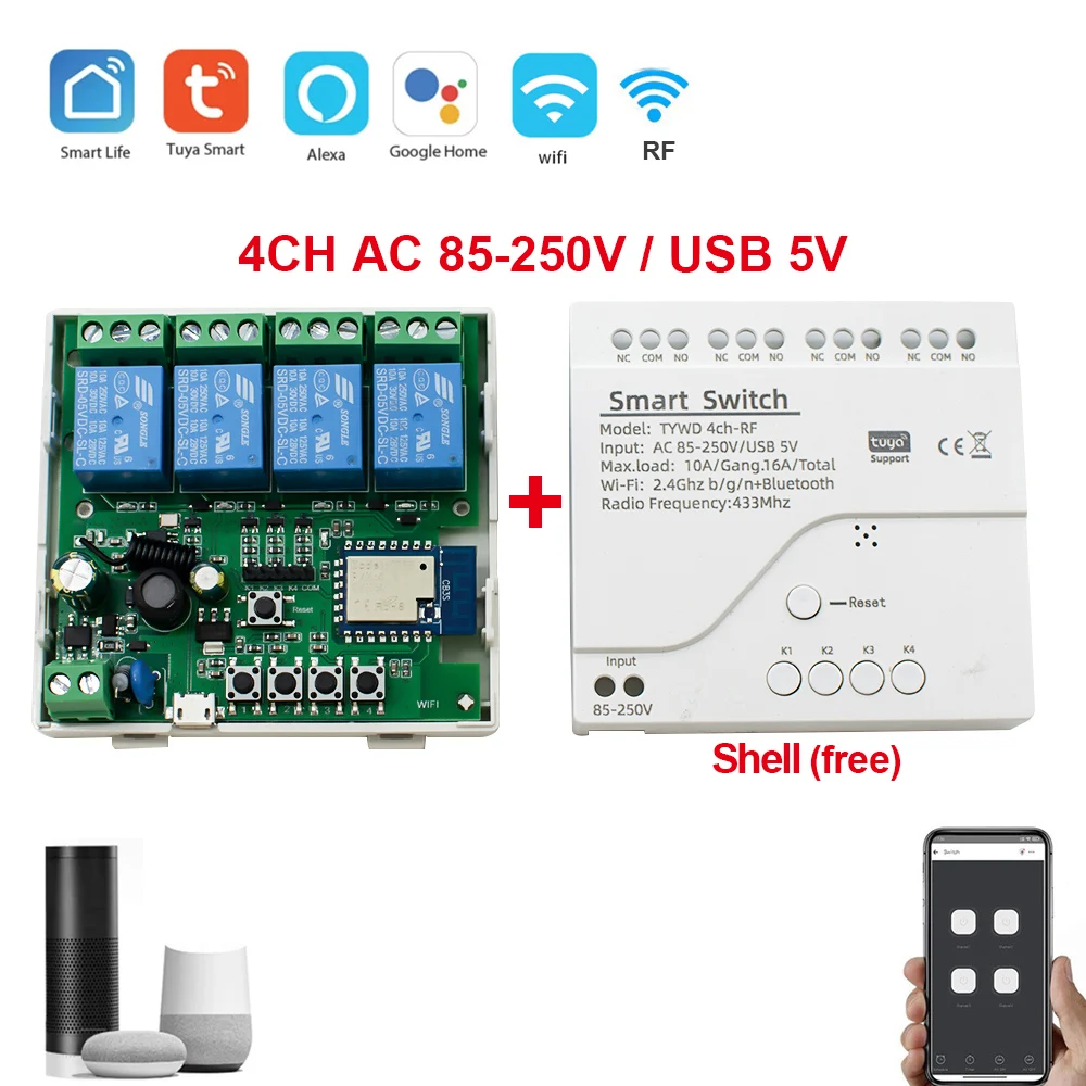 Tuya Relay Wireless Remote Control Switch AC 110V 220V DC 12V 24V 10A 1/2/4CH Automation Modules Receiver Water Pump Switch