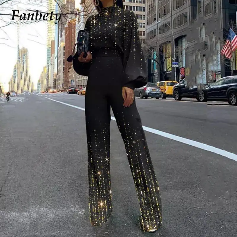 

Autumn Women Print Waisted Long Pants Jumpsuit Fashion Casual Turtleneck Lantern Long Sleeve Romper Elegant Office Lady Overalls