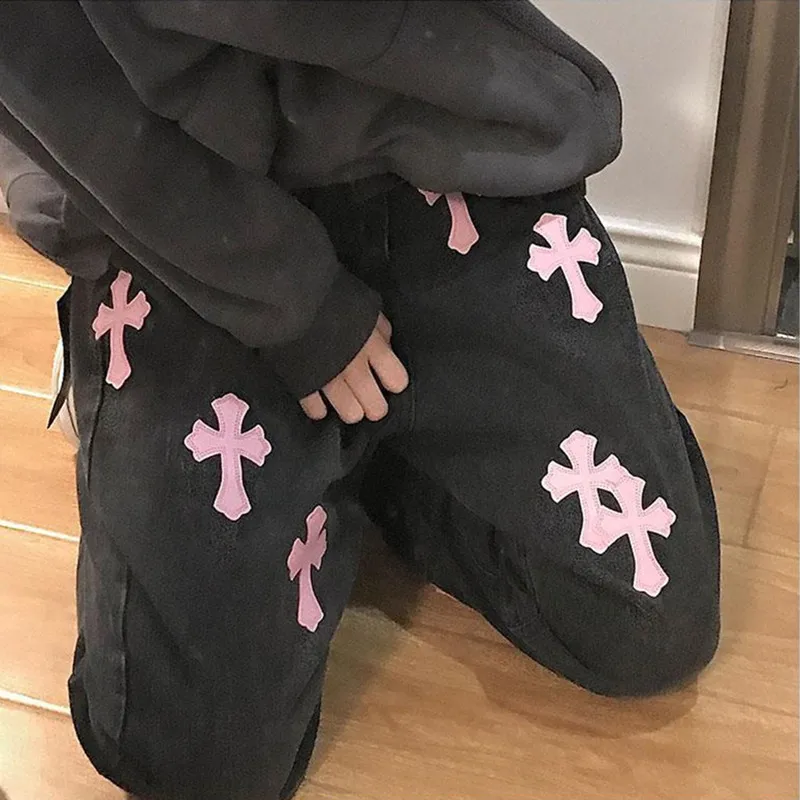 Streetwear Korean Fashion Versatile Denim Trousers Cross Applique Jeans Woman High Waist 4XL Size Y2k Straight Baggy Pants