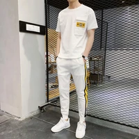 mens leisure suit 2022 summer new sports two piece set korean short sleeve t shirt long pants street trend mens wear