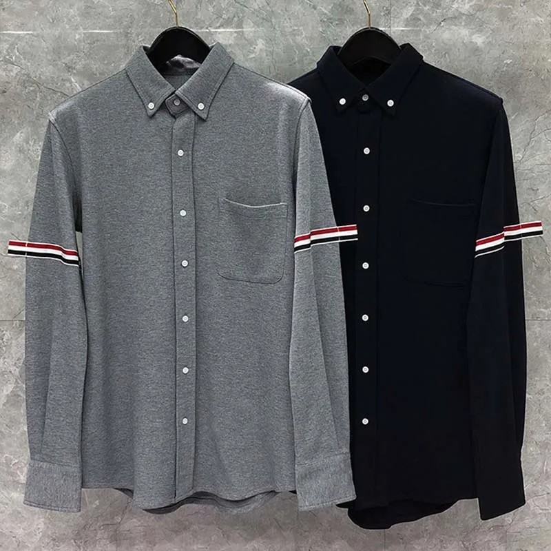 TB THOM Men's Shirt Clothing Fashion Brand Striped Armband Slim Casual Men's Clothing Cotton PIQUE Long Sleeve Women's Shirts