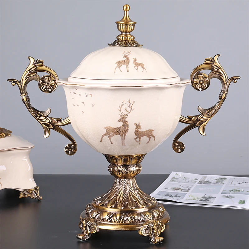 

Villa model room modern simple light luxury high foot double ear alloy ceramic storage tank living room porch soft decoration