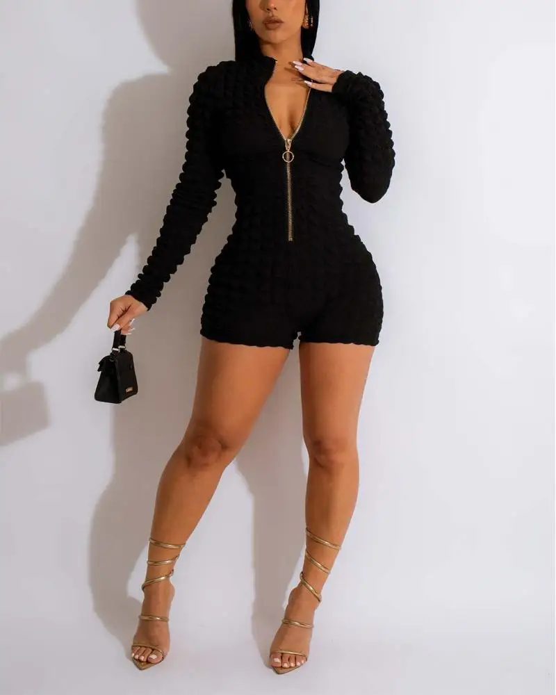 

Long Sleeve Zip Front Textured Romper Women Shorts Pants Playsuit Spring Summer Pure Color High Waist Sexy