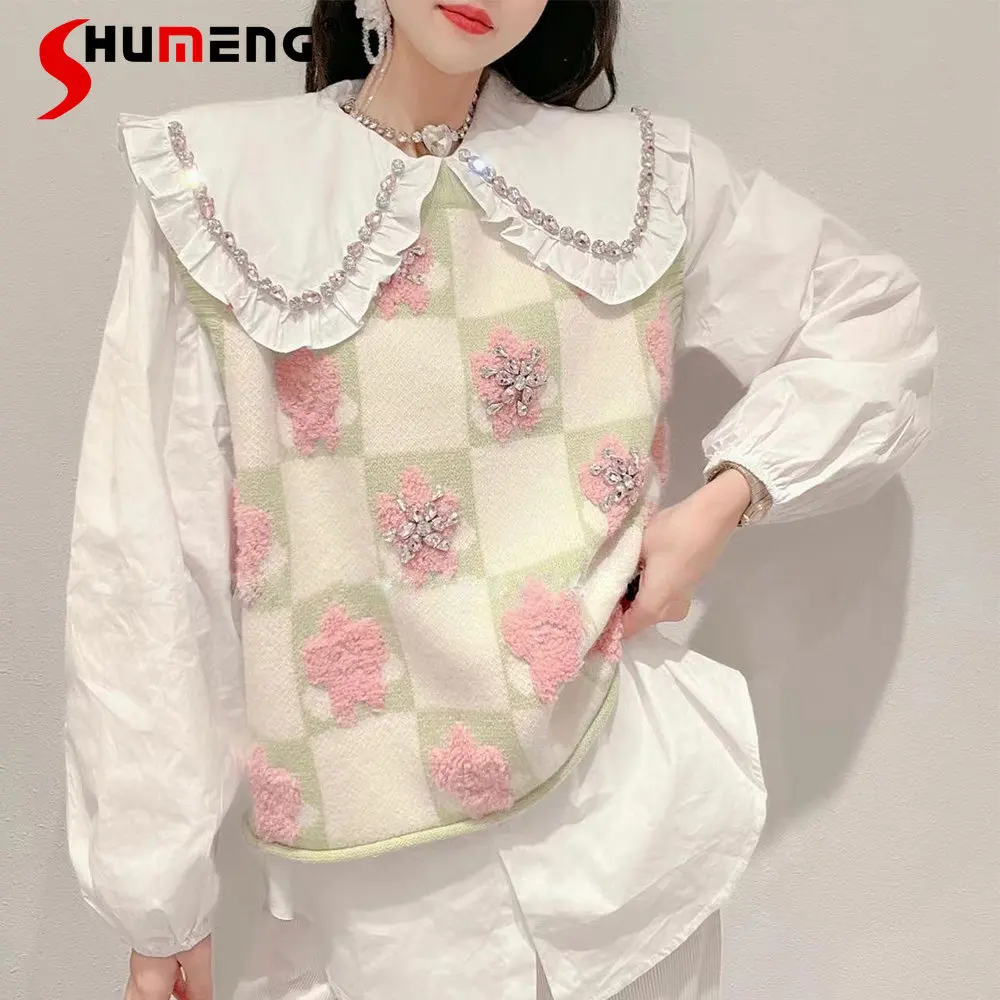 Women's Two-piece Suit 2023 Spring New Korean Style Fashion Sweet Rhinestone Doll Collar Shirt Sweet Plaid Flower Knitted Vest