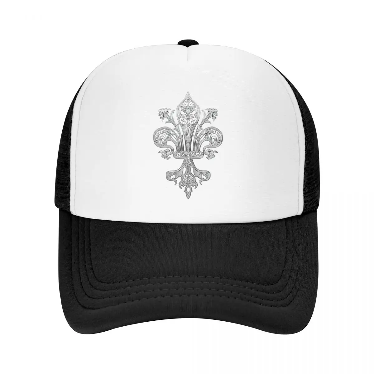 

Fashion Silver Filigree Fleur De Lis Trucker Hat Men Women Custom Adjustable Adult Lily Flower Fleur-De-Lys Baseball Cap Summer