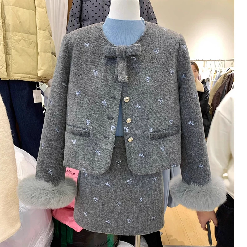 Весенне-зимний комплект из двух предметов с узлом-бабочкой шерстяная меховая