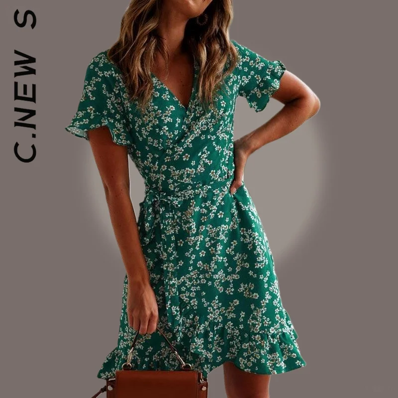 

C.New S Women Dress New Sexy V Neck Floral Print Boho Beach Dress Elegant Women's Dress Simple Club Woman Clothes Female