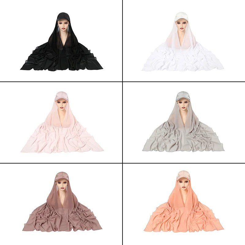 Women Summer Outdoor Muslim Islamic Head Scarf Bandana 2 In 1 Chiffon Hijab Scarf Sports Baseball Cap Scarf With Shawl Scarfs