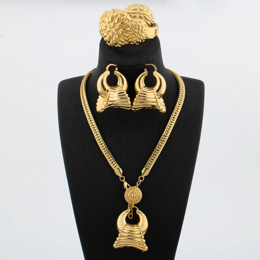 

Dubai Necklace Earrings Bracelets Rings For Women Nigerian Bridal Wedding Flower Pendant Gift 18k Gold Plated Copper Jewelry Set