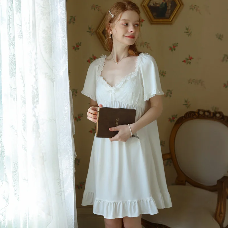 Summer Women's Nightdress Cotton Princess Lace Sleepwear Vintage Dress Sleepshirts Girl Ladies French Style Nightgown Sleepdress