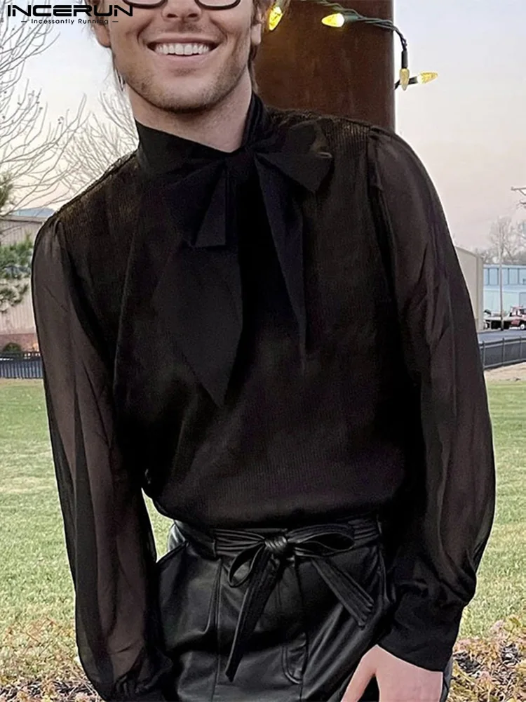 

Fashion Men Shirt Mesh See Through Tie Lace Up 2022 Stand Collar Long Sleeve Men Clothing Solid Color Sexy Camisas 5XL INCERUN 7