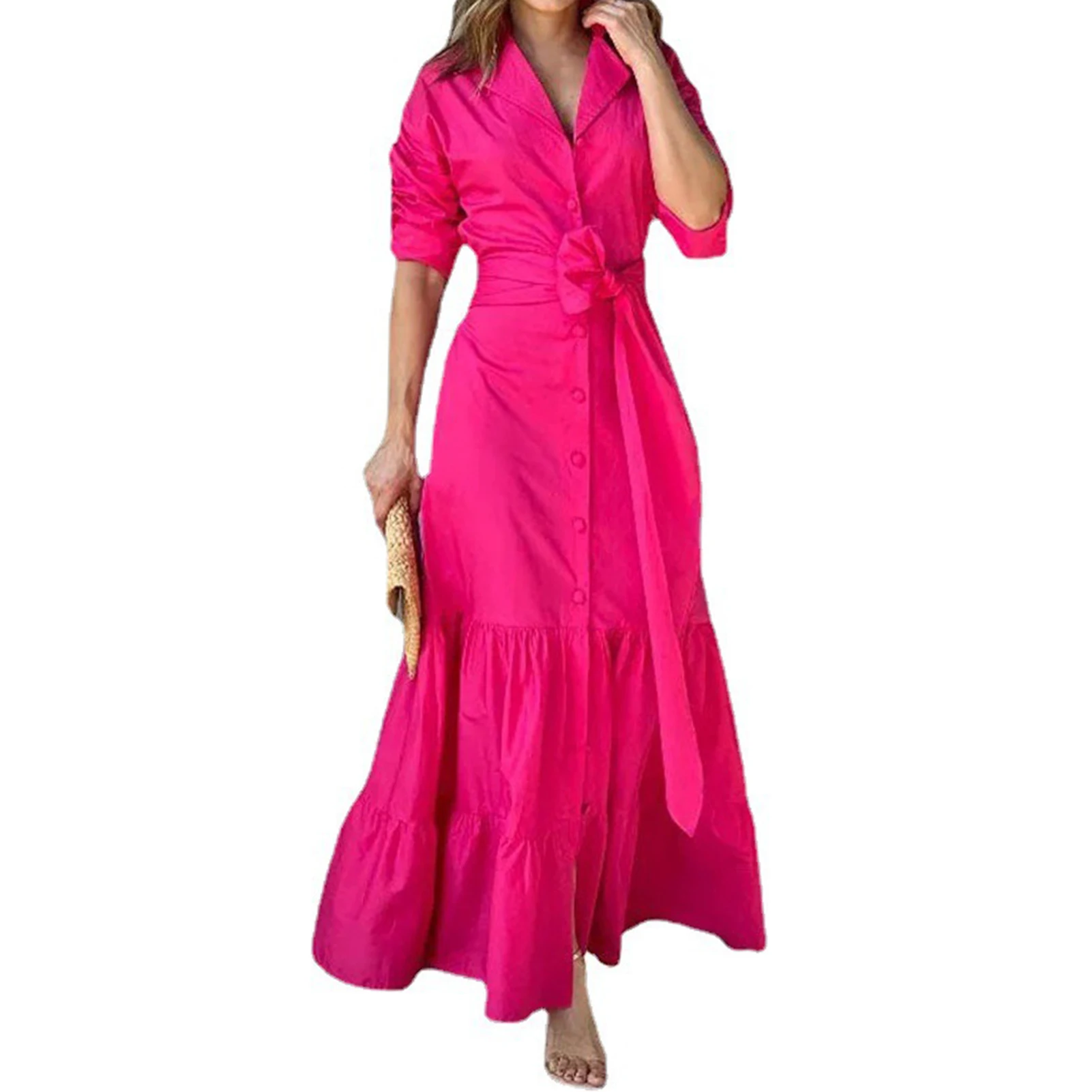 

Women's Casual Shirt Dresses Single Breasted Belt Solid Color Ruffle Hem Long Dress for Women and Teen Girls