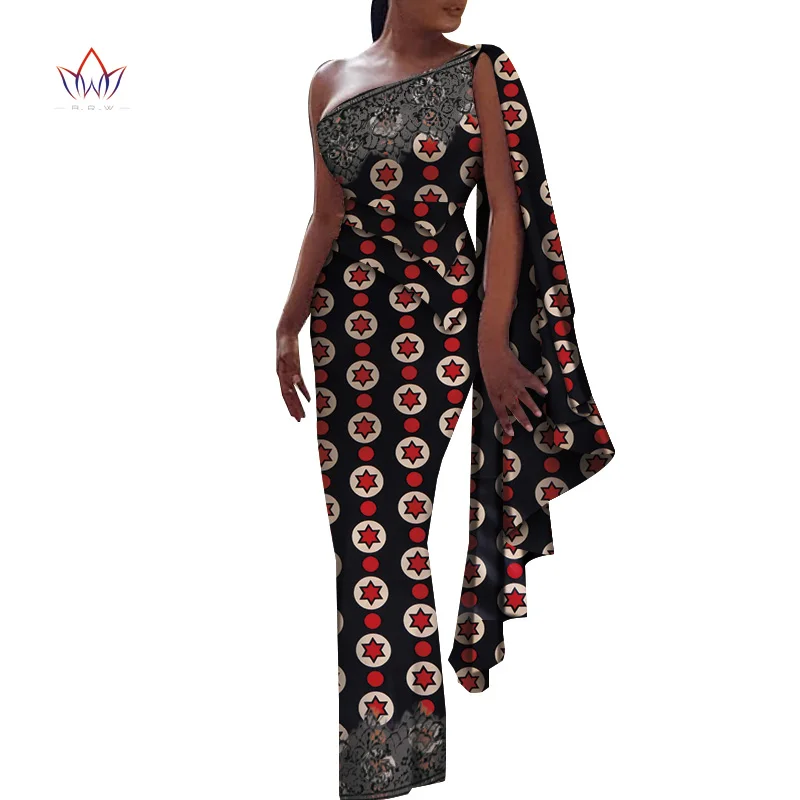 

Bintarealwax Long Dresses for Women Dashiki Single shoulder Party Clothes for Lady Seeveless Sexy African clothing WY6847