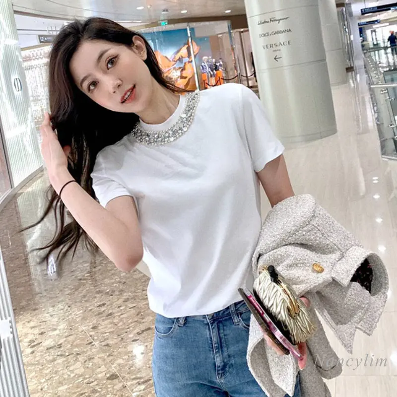 

2023 Summer Cotton Tee Women's Pearl Shining Diamond Heavy Industry Beads Round Neck Short Sleeve T-shirt Loose Tops Solid Color
