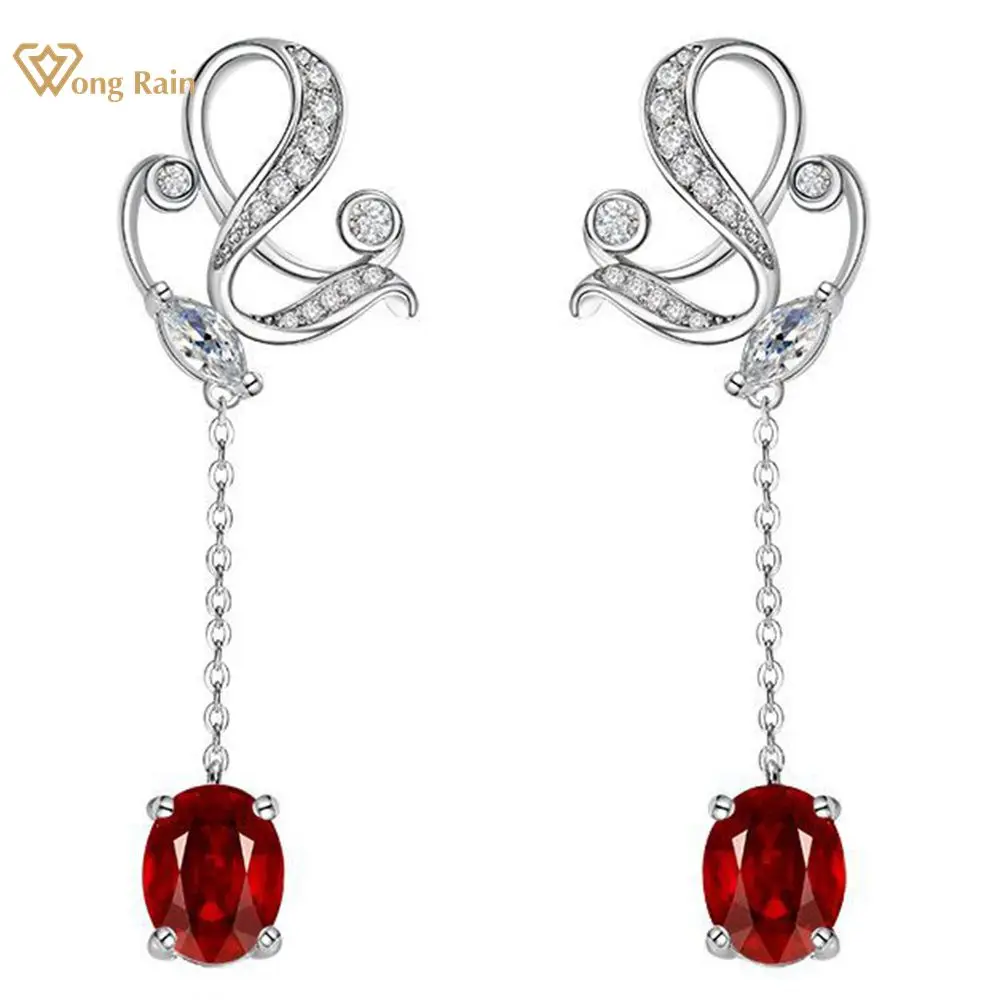 

Wong Rain 100% 925 Sterling Silver Oval Cut Ruby High Carbon Diamonds Gemstone Wedding Long Drop Dangle Earrings Fine Jewelry