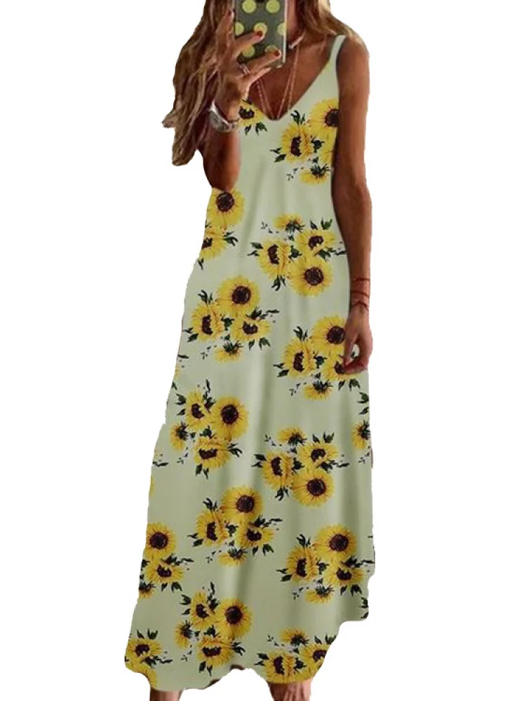 Летнее женское винтажное Повседневное платье макси на бретельках богемное