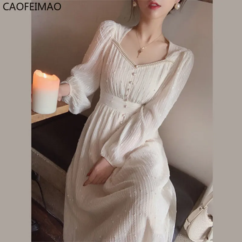 

Новинка лета 2023, женские модные элегантные белые платья средней длины, винтажные женские платья-трапеции в стиле принцессы, белое платье Caofeimao