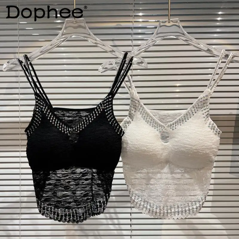 

Pearl Rhinestone Sexy Lace Crocheted Chest Pad Camisole Women 2022 Summer New Inner Outer Wear Black White Vest Tops Clubwear