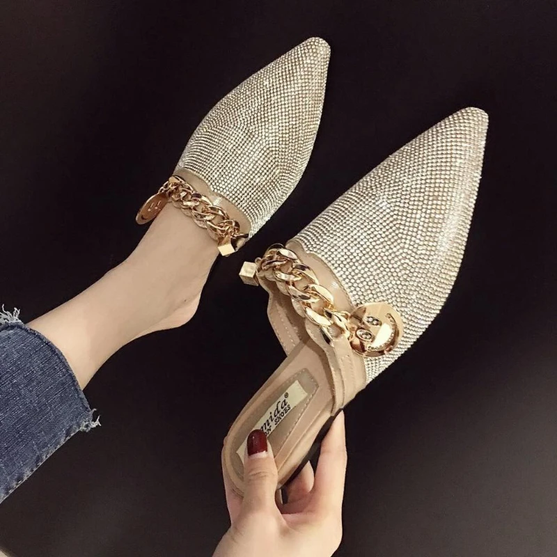 

Women Casual Silver Slippers Ladies Flat Dress Shoes Metal Chain Rhinestone Flat Sandals Half Drag Pointed Toe Sandals Fashion