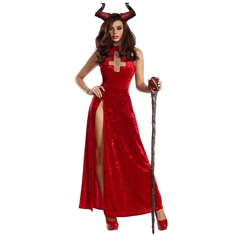 

Carnival Halloween Lady Red Demonic Queen Costume Long Classic Glamour Sorceress Playsuit Cosplay Fancy Party Dress
