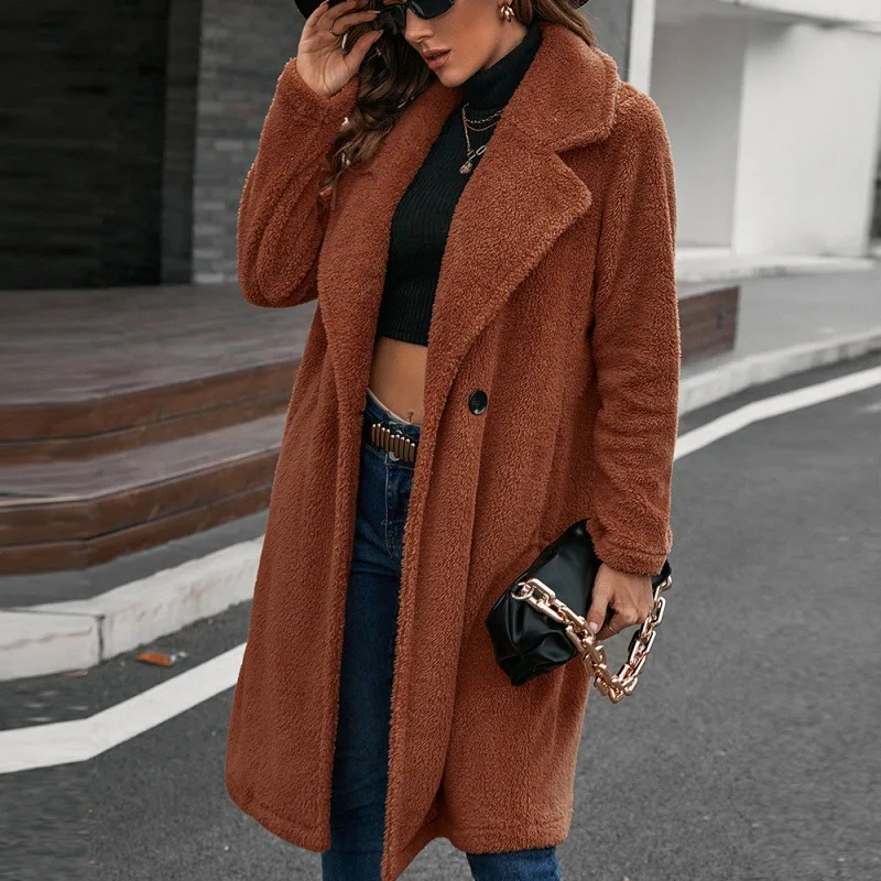 

Ailegogo Spring Autumn Women Streetwear Faux Lamb Fur Long Coat Casual Female Solid Color Woolen Jacket Lady Loose Warm Outwear