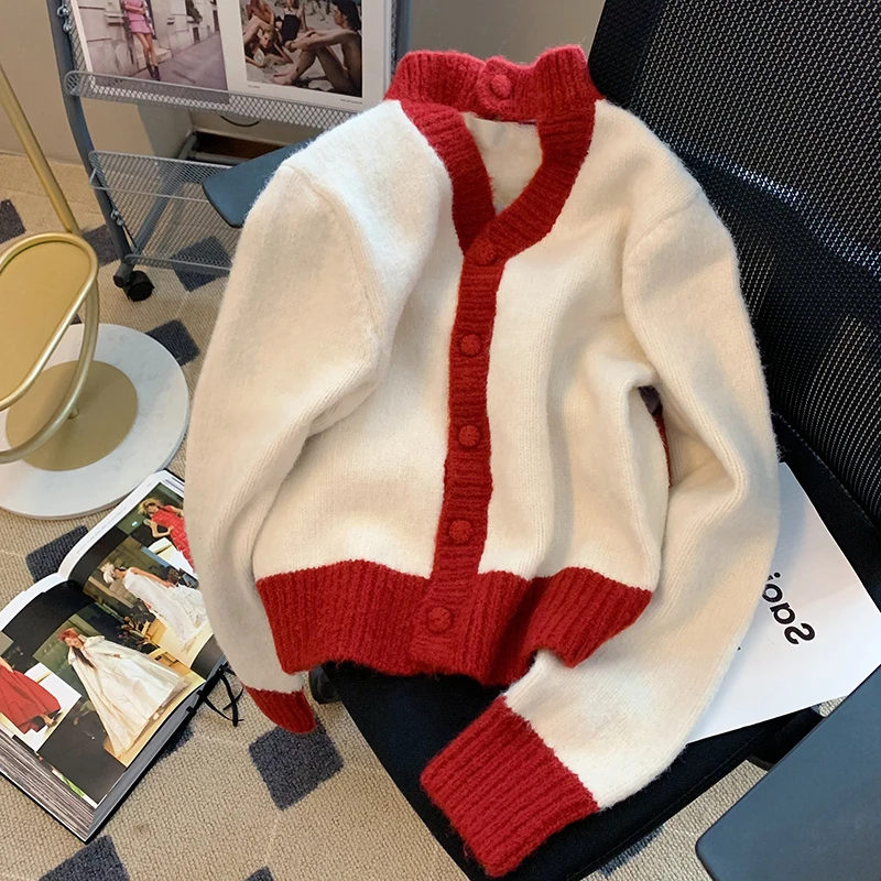 

Fashion Patchwork Knitted Sweater Women Loose Cardigan Jumpers Ladies Spring Autumn Korean V-Neck Long Sleeve Knit Tops Female