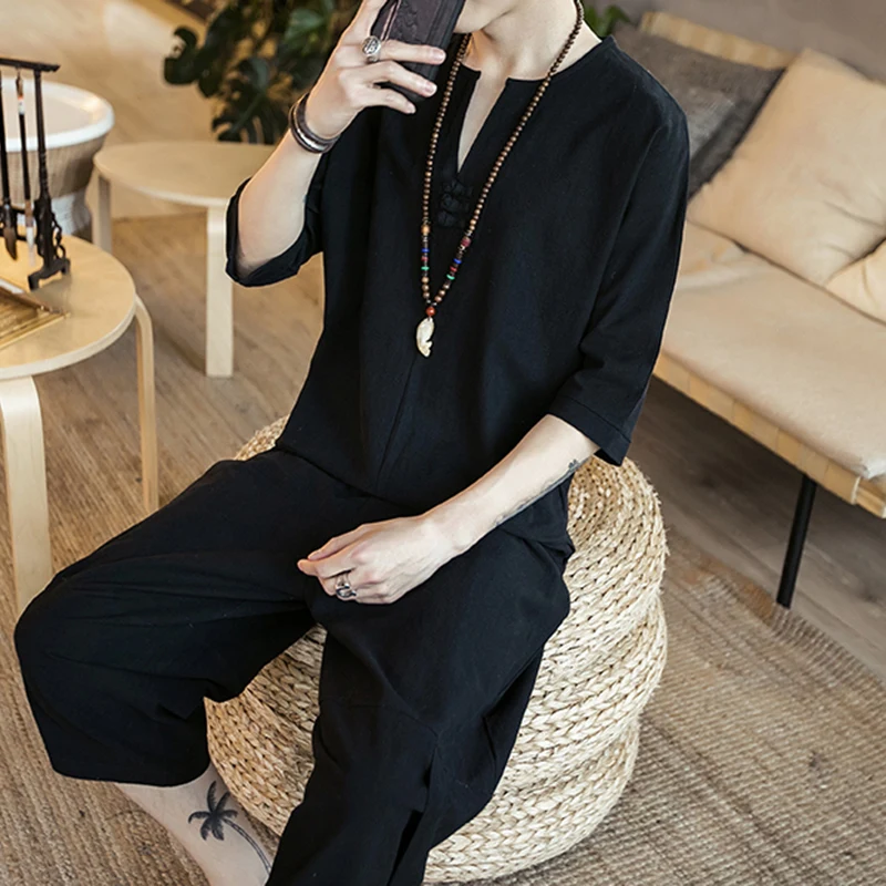 New men's thin linen suit summer Chinese loose large cotton and linen 2 pieces / suit short sleeve trousers 2 pieces set men