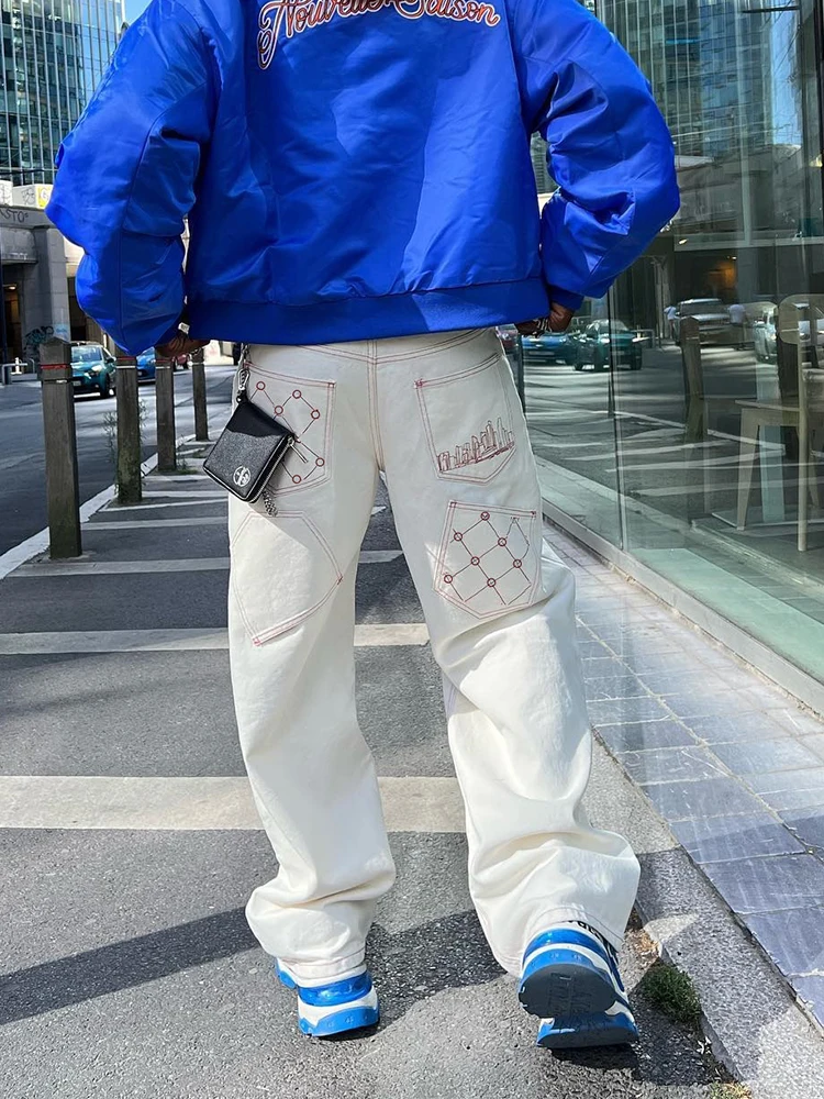 Latest Design Y2k Baggy Pants For Men Fashion Pockets Embroidery Casual Bottoms Streetwear Red Loose Fit Straight Wide Leg Jeans