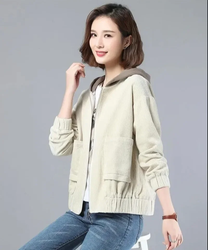 Женские классические вельветовые лоскутные куртки с капюшоном осенние