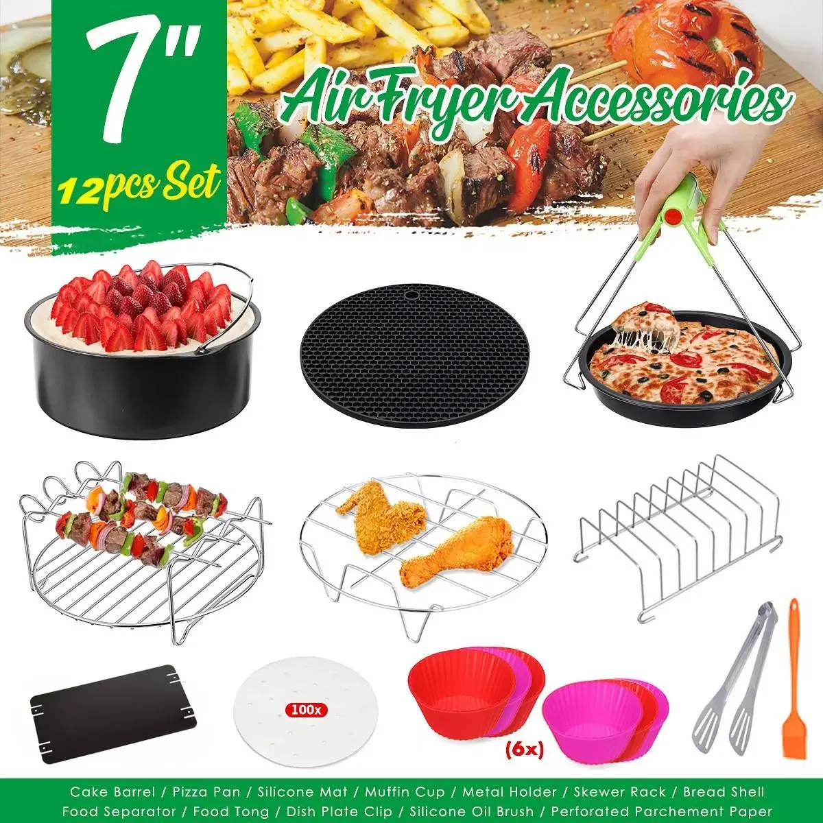 

12 Pcs/Set Air Fryer Accessories 7 Inch Pizza Pan Cake Barrel Muffin Cup Home Grill Baking Cooking Tools For 3.2~6.8QT Air Fryer