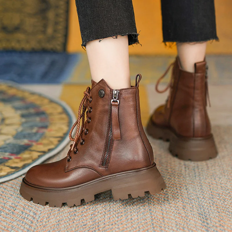 

2022new Autumn and winter Women ankle boots natural leather 22-24.5CM cowhide upper modern boots Vintage side zip platform boots