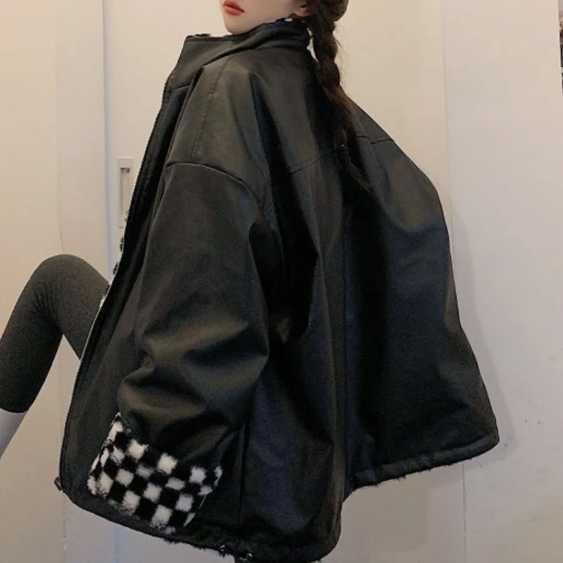 Winter Jacket Women 2022  Fashionable Chessboard Plush Thickened Cotton Padded Jacket Wear Both Sides PU Leather Parkas Coats