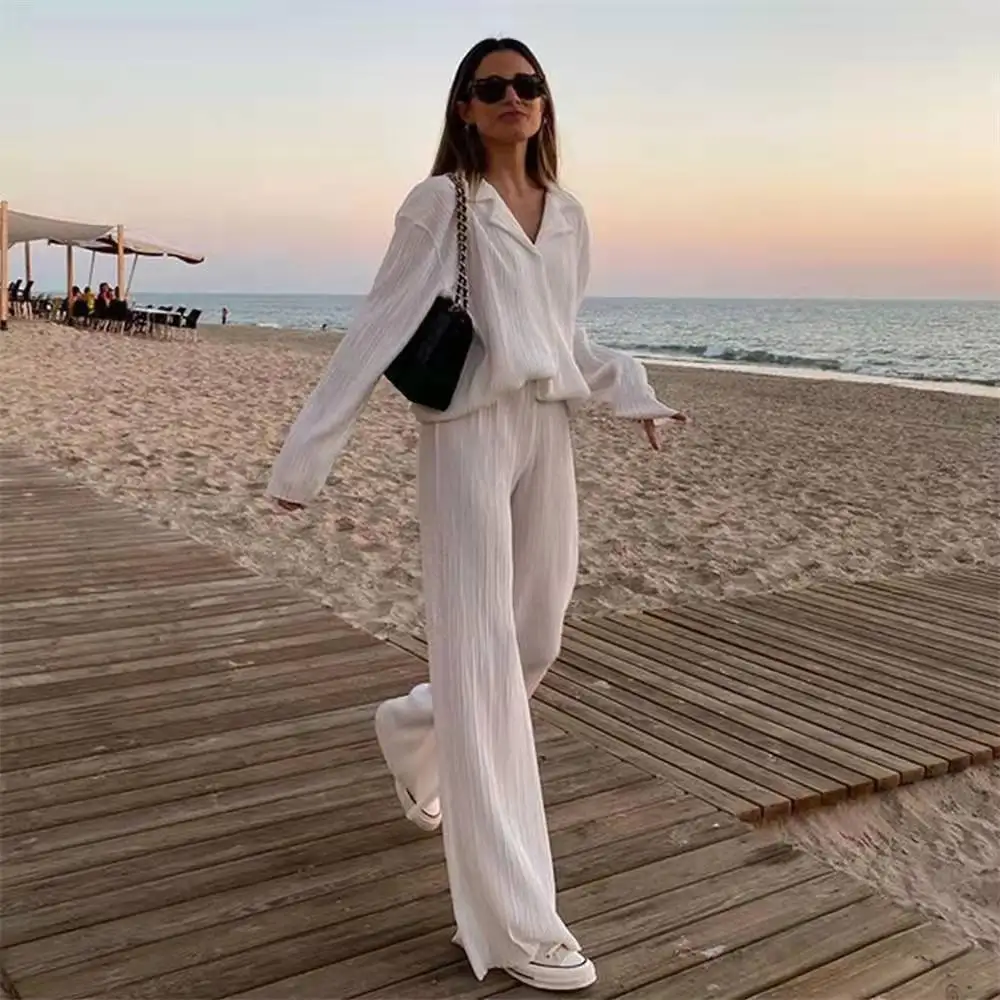 

Women Elegant Pleated Two Piece Set Loose Long Sleeve Blouses And High Waist Wide Leg Pants Suit Female Casual Outfits