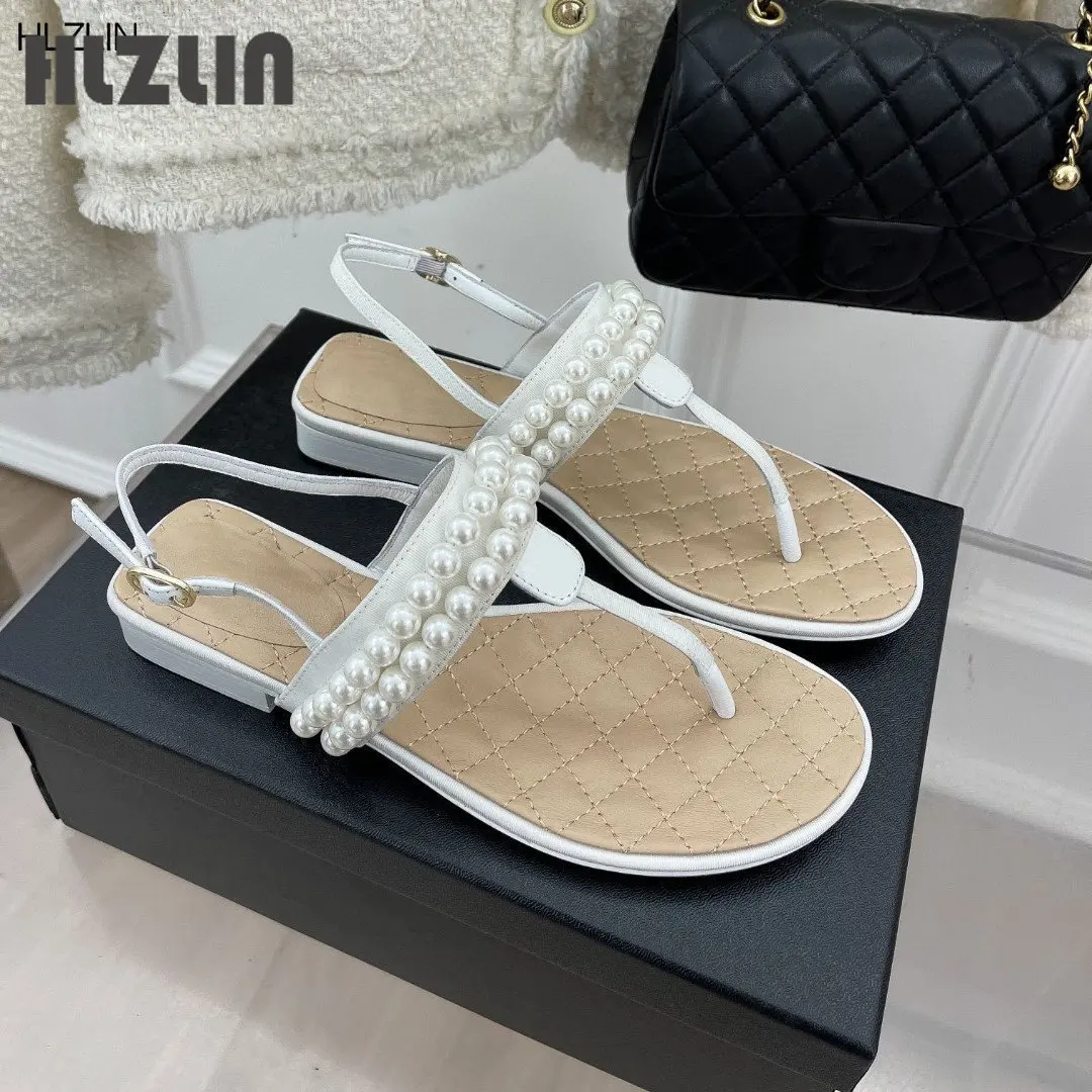 

Сандалии женские из натуральной кожи, босоножки на плоской подошве, с жемчугом, гладиаторы, дизайнерская обувь с круглым носком, Размеры 35-41, лето