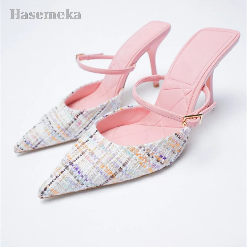 

Pointed Toe Shoes Slippers Women Summer Slides Med Thin Heels Female Mule Heeled Mules 2022 Cover High Rome Cotton Fabr