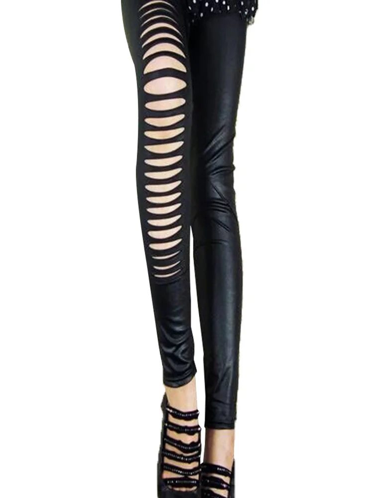 Hole Pants Spring High Elastic Waist Women Trousers Summer Skinny Black Ripped Ankle Length Sexy Leggings Lady Clothing